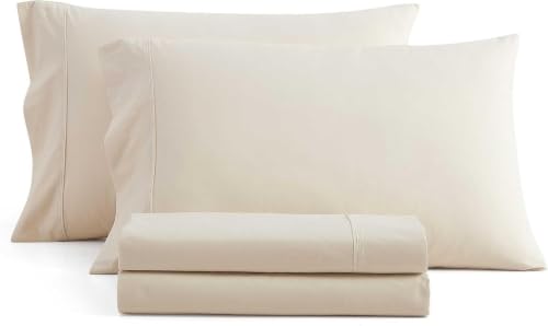 Image of Martha Stewart - Twin Size Sheets Set, Crisp & Tailored Cooling Sheets w /a Naturally Smooth Cotton Percale Lightweight Feel - Bed Sheets with Matching Pillowcase & Fitted Sheet (Skylands Solid Beige)