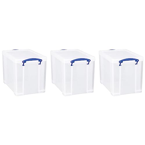 Image of Really Useful Box 19 Liter Plastic Stackable Storage Container w /Snap Lid & Built-in Clip Lock Handles for Home & Office Organization, Clear (3 Pack)