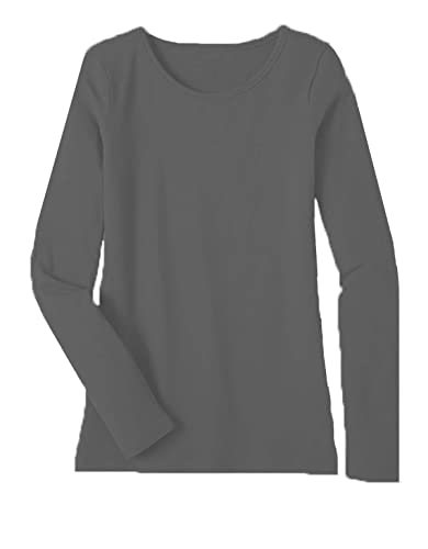 Image of Women's Ladies Long Sleeve T-Shirt Ladies Plus Size Round Neck Stretchy Plain Fitted Basic Jersey Casual Tee Top. Charcoal