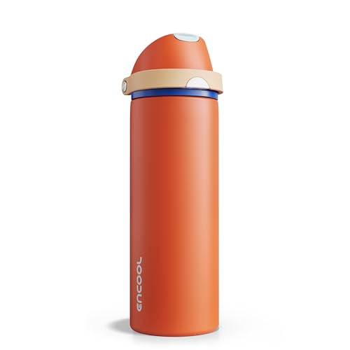 Image of Insulated Water Bottle with Straw - Encool Stainless Steel Water Bottle with Push Button Lid, Leak-Proof & BPA-Free, Keeps Cold for 24 Hours for Sports, Travel, Gym (24 oz, Salmon)