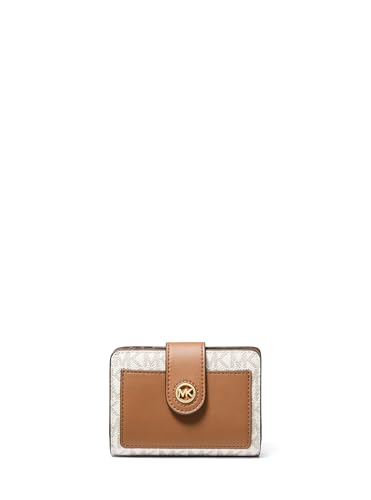 Michael Kors Carteira feminina compacta Mk Charm Small Tab, baunilha/bolota, Baunilha/Bolota, Carteira compacta Mk Charm Small Tab