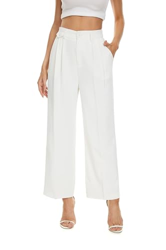 FUNYYZO Women Loose Pleated Front Cropped Pants Wide Leg Straight Trousers with Fake Pocket in The Waist (Medium, White)
