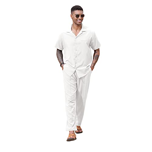 Lexiart 2 Piece Set for Men Beach Outfits Cuban Collar Button Down Shirt Darwstring Pants2