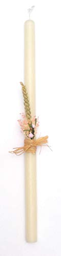 Vela Cirio de bautizo-52x2,5 cm Vela de Bautizo Decorada con Elementos Florales y Rafia, con Dos rositas. Disponemos de Tres Colores, Amarillo, Rosa y Azul.(Rosa)