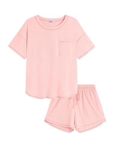 Image of KCW Pajamas for Women Set 2 Piece 100% Cotton Lounge Sets Short Sleeve Top and Shorts Pj Set Sleepwear Outfits