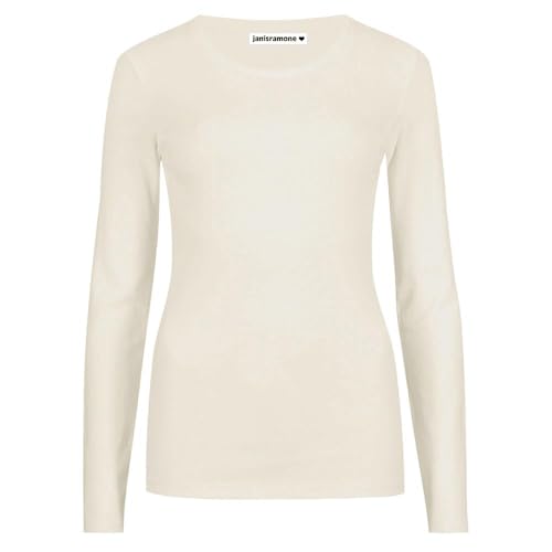 janisramone Womens Ladies Round Neck Long Sleeve T-Shirt Stretchy Plain Fitted Basic Jersey Casual Tee Top Cream