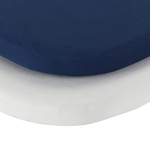 Image of 2-Pack Bassinet Sheets - 100% Cotton Jersey Knit Navy Blue and Gray Bassinet Mattress Pad Fitted Sheet for Baby Boy; Compatible with Bassinet Bedside Co-Sleeper Lounger Brands; Oval Rectangle Mattress