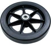 Angled view of a black 6-inch rollator replacement wheel, showing the bearing and hub.