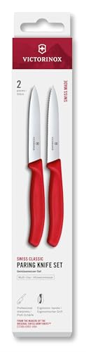 Victorinox Swiss Classic, Set de couteaux à tomates et à légumes, 2 pièces, Lame extra tranchante, Manche plastique, Acier inoxydable, Swiss Made, Rouge