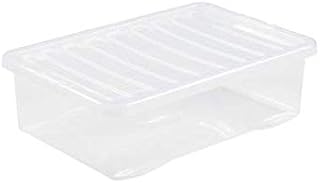 JMS 32 Litre Large Big Plastic Under bed Storage Clear Box with Clear/Black Lid Strong Container Made In U.K. - Set of 5- Home Office Stackable Nestable