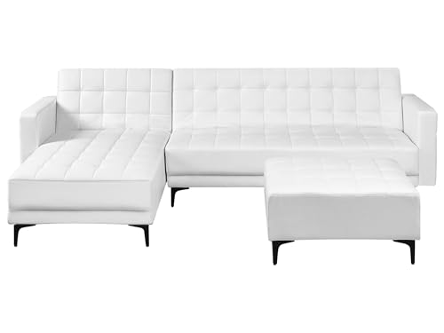 Beliani Canapé d'angle à Droite avec Pouf Moderne en Cuir PU Synthétique Similicuir Capitonné Modulable 4 Places Blanc Aberdeen