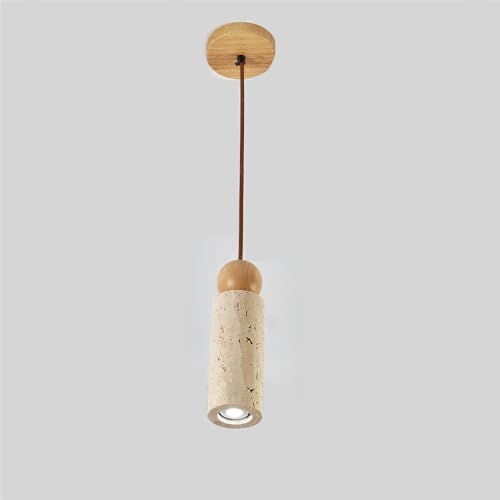Isla de cocina iluminada con lámpara colgante lineal rústica de tira larga en travertino 2