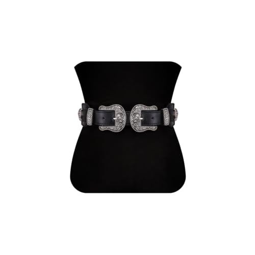 Image of Womens Belt Chain Leather Belts Vintage Western Adjustable Elastic Double Buckle for Cowboy Pant Dress
