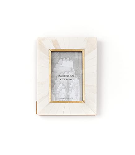 Matr Boomie Handmade Hand Carved Bone Tile Picture Photo Frame (Ivory Color with Brass Accents, 4x6), Wall, Desk Display, Wedding, Bridal Gift for Her