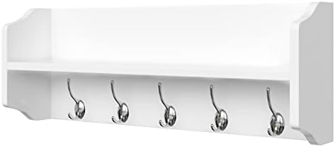 FOREHILL Wall Coat Rack with 5 Hooks Wooden Coat Hooks Wall Mounted with Shelf White for Hallway Bedroom Bathroom Kitchen and Living Room 63x14x23cm