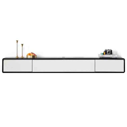 Mueble flotante para TV de madera maciza montado en la pared, con almacenamiento, elegante diseño en blanco y negro, ahorro de espacio, muebles de sala de estar (180 x 20 x 24 cm)