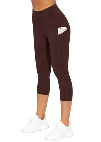 Image of THE GYM PEOPLE Thick High Waist Capris Yoga Pants with Pockets, Tummy Control Workout Running Yoga Leggings for Women