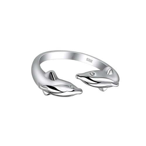 MALUGOGO Anillo de apertura de delfín de plata para mujer, joyería de dedo ajustable, anillo de declaración para uso casual y uso casual