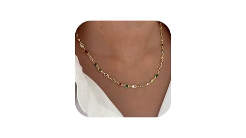 Multicolor Necklace Women - 14K Gold Plated Chain Colorful Gemstone Crystal Diamond, Dainty Rainbow Gem Stone Necklaces, Jewelry Gifts for Her