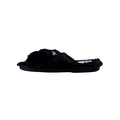 Image of FOCO Womens NFL Team Script Wordmark Fuzzy Cross Slide Slippers