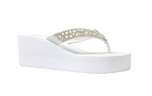 Image of REDVOLUTION New Women's Rhinestone Sandals High | Low Platform T-Strap Jewel Sandals High Wedge Flip Flops