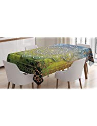 Ambesonne Ethnic Tablecloth, Mystic Mandala Culture Chakra Karma Calmness and Harmony Boho Design, Dining Room Kitchen Rectangular Table Cover, 60" X 84", Forest Green