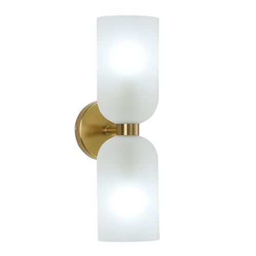 Image of EFINEHOME Minimalist 2-Light Gold Wall Sconces with Cylinder Glass Shades- Mid Century Vanity Wall Double Lights Hardwired- Modern Indoor Glass Wall Mounted Art Decor Lights (Frosted White, 1 Pack)