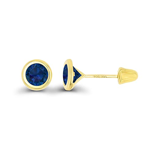 Solid 14K Gold Hypoallergenic 4mm Round Solitaire Genuine Birthstone Bezel Screw Back Stud Earrings