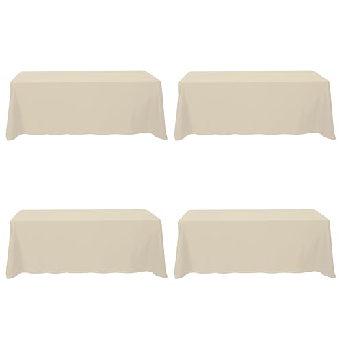 Image of BRILLMAX 4 Pack Beige Tablecloths 90x156 Inch for 8ft Rectangle Tables | 150 GSM Polyester Fabric, Floor Length Drop, Water, Stain & Wrinkle Resistant Cloth Cover for Wedding Reception Banquet Party