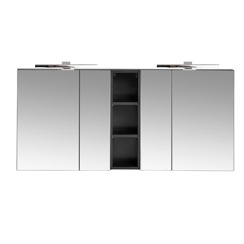 Lomadox Doppel-Spiegelschrank, 140cm, LED-Beleuchtung, matt schwarz, inkl. Steckdose im Innenraum