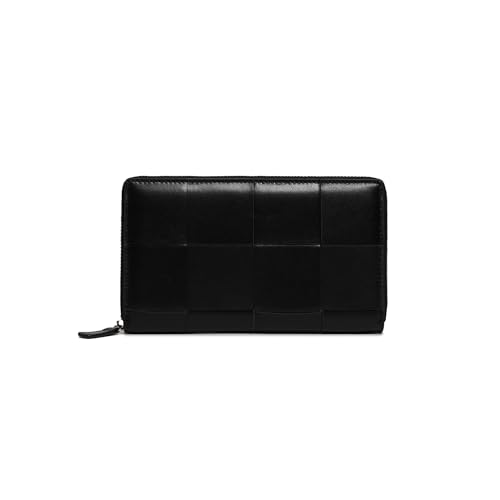 Genuine Leather Woven Zip Around Wallet, Sheepskin Braided Long Wallet for Women, Luxury Clutch, Black