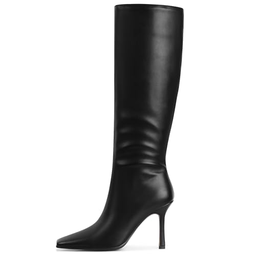 Knee High Boots, Women Thigh High Tall Leather Square Toe 3.74 In Stiletto Heel Sexy Fashion Side Zipper Fall Winter Long Boots2