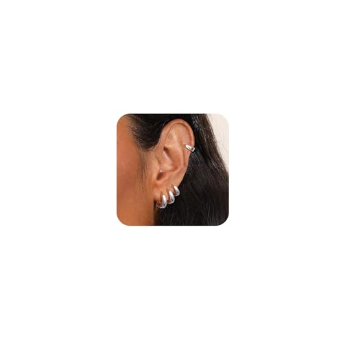 4PC Small Hoop Earrings for Women No Tarnish - Dainty Chunky Silver Earrings Trendy 925 Sterling Silver Plated Hypoallergenic Huggie Hoops Earring Set for Women Silver Jewelry Gift