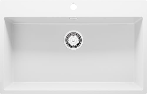 PRIMAGRAN Fregadero Cocina Blanco 78x50cm, Granito 1 Seno + Sifón, Sobre encimera al mueble 80cm - Riga S224