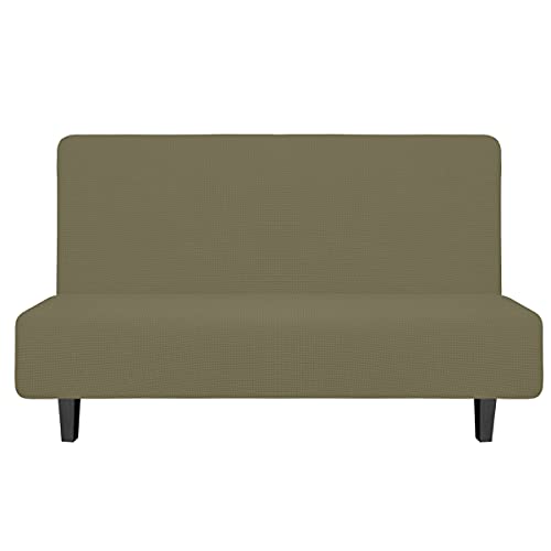 Image of Easy-Going Stretch Medium Futon Slipcover Armless Futon Cover Khaki | Sofa Bed Furniture Protector Without Armrests with Elastic Bottom for Kids, Soft Jacquard Machine Washable