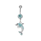 Diamond Belly Button Ring Pink Blue Stainless Steel CZ Barbell Dangle Dolphin Belly Piercing Jewelry Body Retainer 14G (1.6mm）10mm (Blue)