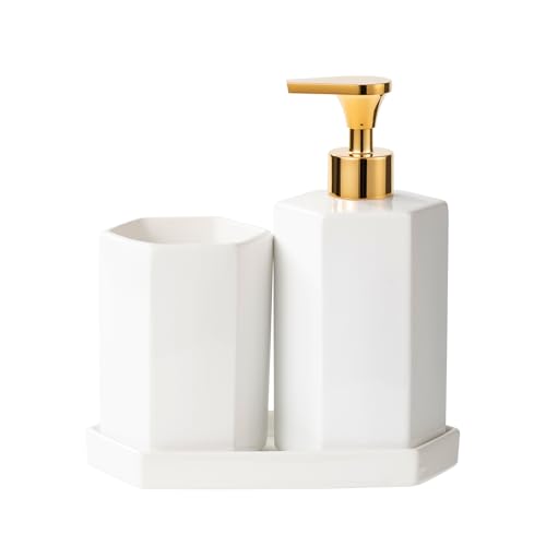 Ceramic Bathroom Accessories Complete with Soap Dispenser, Toothbrush Holder, Bathroom Tumbler, and Vanity Tray - Modern Bathroom Decor,3PCS (Gold)
