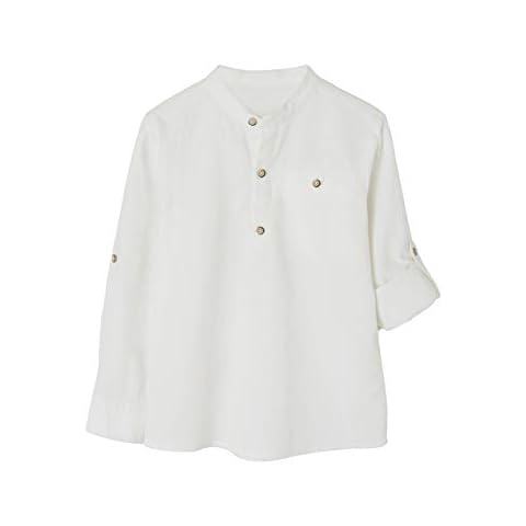 Camisa de Lino/algodón para niño con Cuello Mao, de Manga Larga Blanco Claro Liso 12A Cover