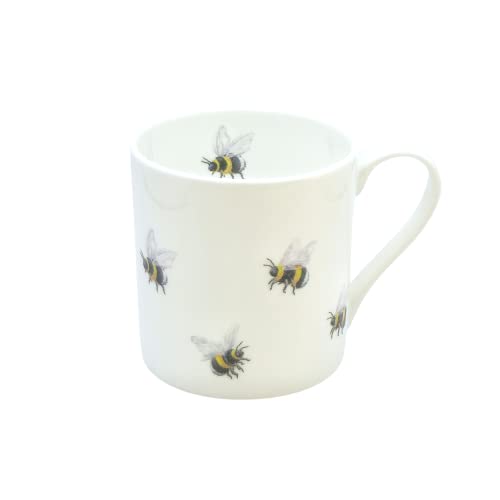 ROCK THE HOME Bees Straight Sided Mug, White Fine English Bone China Cup, Made and Hand Decorated in England