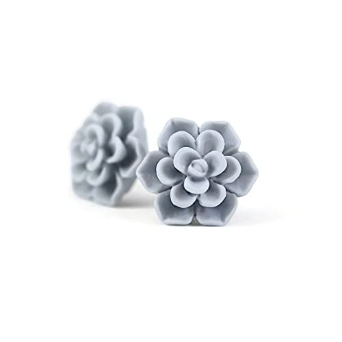 Succulent Earrings Hypoallergenic for Sensitive Ears Handmade Flower 13mm BlueGrey Titanium