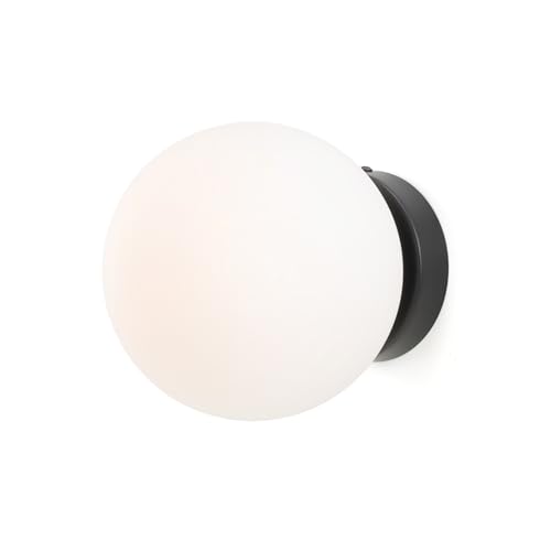 Alpinaluz Aplique de Pared y Techo – Pantalla Esférica de Cristal Opalino de 15 cm, Base de Acero, Casquillo E27, Estilo Moderno Minimalista para Interiores (Negro)
