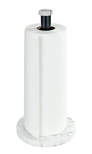 Wenko Portarotolo di carta Marmor, supporto verticale per rotolo da cucina effetto marmo per la cucina, base di plastica e asta in metallo nero, (L/P x A): Ø 15 x 32 cm, bianco