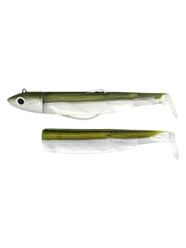 Fiiish Lures - Black Minnow Combo BM140 - Señuelo Blando de Vinilo para Pesca Spinning de Bass Lubina y otras especies - 1 Cabeza 40g Kaki + 2 Cuerpos + 1 Anzuelo Nº4