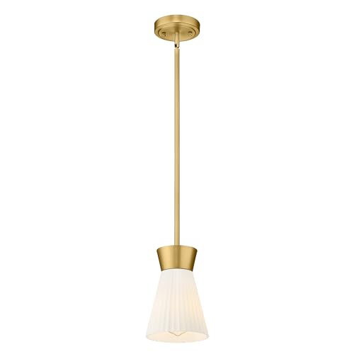 Gold Pendant Light, HWH Hanging Light Fixture for Kitchen Island, Bedroom, Modern Pendant Light with Milk White Striped Glass, Gold Finish, 5HZG107MIL BG by HWH INVESTMENT - Used condition - US$47.49