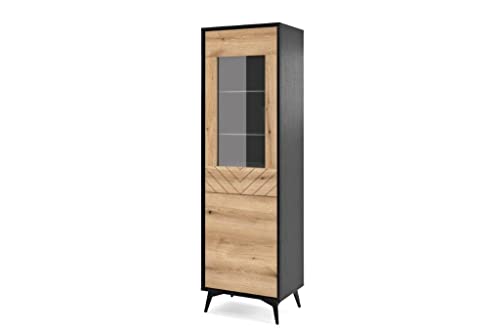 mb-moebel Buffet Haut Vitrine de Salon sur Pieds en Metal avec Porte Armoire à Commode Meuble Rangement Dressoir Push to Open Noir Aspect Bois Chevron Chêne Evoke - 53,5x178,1x39 cm ONYKS W54 Cover