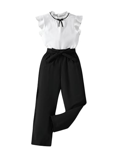 Image of Floerns Girl's Two Piece Outfit Ruffle Trim Sleeveless Blouse Bow Front Belted Pants Set Black and White 8Y