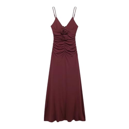Women's Convex Flower Decoration V-Neck Slip Dress Fitted Party Midi Dress