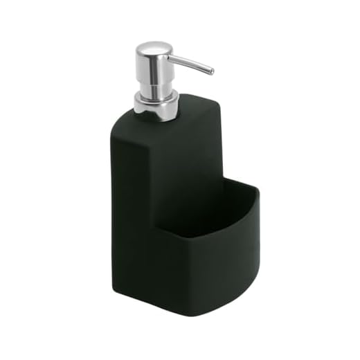 WENKO Dispensador de lavavajillas Festival, dispensador para la cocina, cerámica de calidad con superficie suave al tacto, compartimento extra para estropajo, 380 ml, 10 x 18 x 10 cm, negro