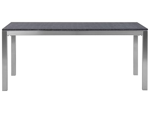 Beliani Mesa de Comedor de jardín con Tablero de Granito Gris y Plateado Patas de Acero para 6 Personas 180 x 90 x 74 cm Grosseto