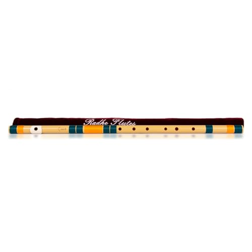 Image of Radhe Flutes | E Natural Right Handed Base Bansuri | Tuned With Tanpura A=440Hz | PVC Flute + Velvet Cover + Hindi & English Flute Lessons | PERENT (Beige Flute With Dark Green & Orange Threads)